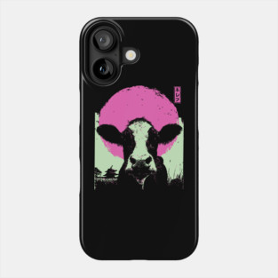 Cute Cow Calf Japanese Art | Pink & Green Farm Ukiyo-e Style Phone Case