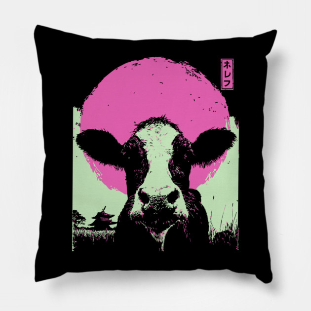 Cute Cow Calf Japanese Art | Pink & Green Farm Ukiyo-e Style Pillow by TuncGK