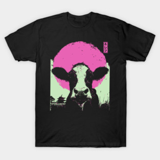 Cute Cow Calf Japanese Art | Pink & Green Farm Ukiyo-e Style T-Shirt