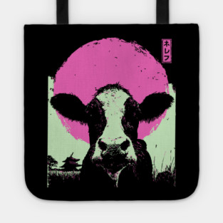 Cute Cow Calf Japanese Art | Pink & Green Farm Ukiyo-e Style Tote