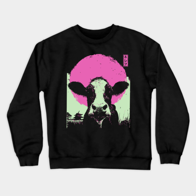 Cute Cow Calf Japanese Art | Pink & Green Farm Ukiyo-e Style Crewneck Sweatshirt by TuncGK