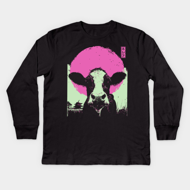Cute Cow Calf Japanese Art | Pink & Green Farm Ukiyo-e Style Kids Long Sleeve T-Shirt by TuncGK