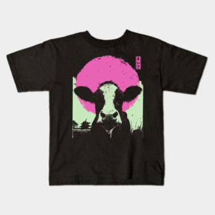 Cute Cow Calf Japanese Art | Pink & Green Farm Ukiyo-e Style Kids T-Shirt
