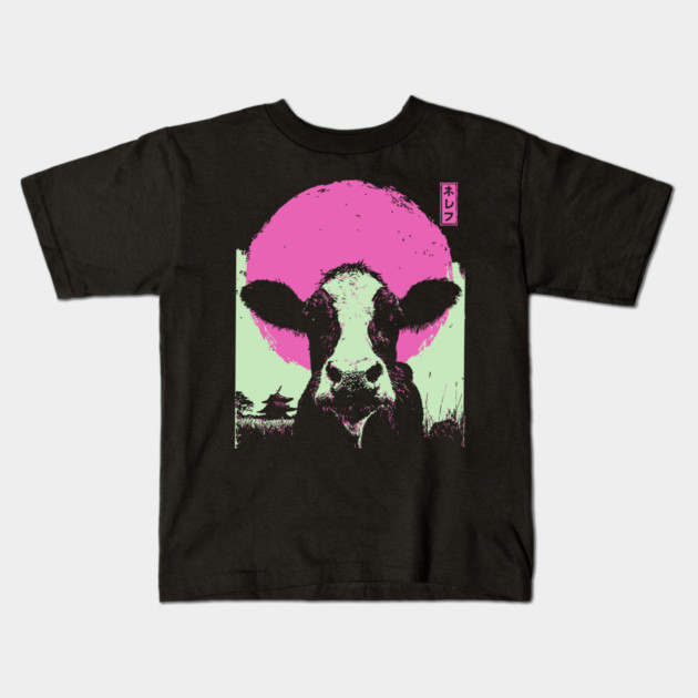 Cute Cow Calf Japanese Art | Pink & Green Farm Ukiyo-e Style Kids T-Shirt by TuncGK