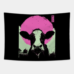 Cute Cow Calf Japanese Art | Pink & Green Farm Ukiyo-e Style Tapestry