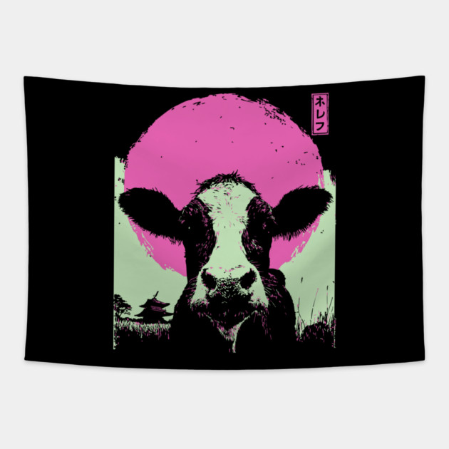 Cute Cow Calf Japanese Art | Pink & Green Farm Ukiyo-e Style Tapestry by TuncGK