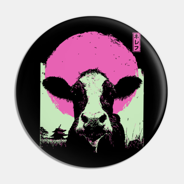 Cute Cow Calf Japanese Art | Pink & Green Farm Ukiyo-e Style Pin by TuncGK