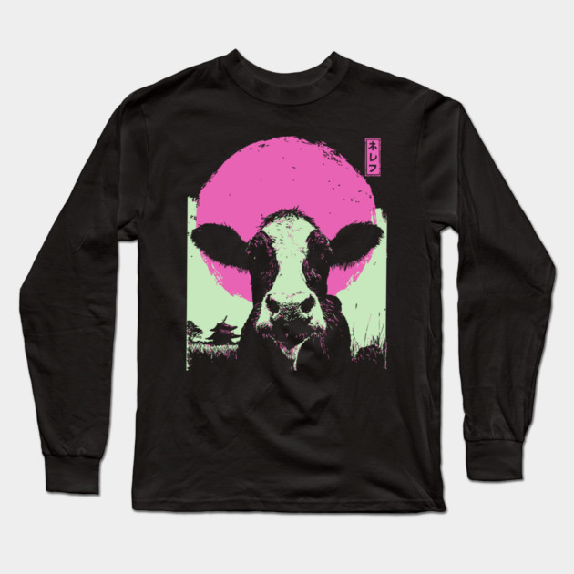 Cute Cow Calf Japanese Art | Pink & Green Farm Ukiyo-e Style Long Sleeve T-Shirt by TuncGK
