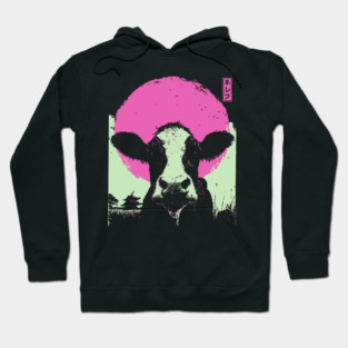 Cute Cow Calf Japanese Art | Pink & Green Farm Ukiyo-e Style Hoodie