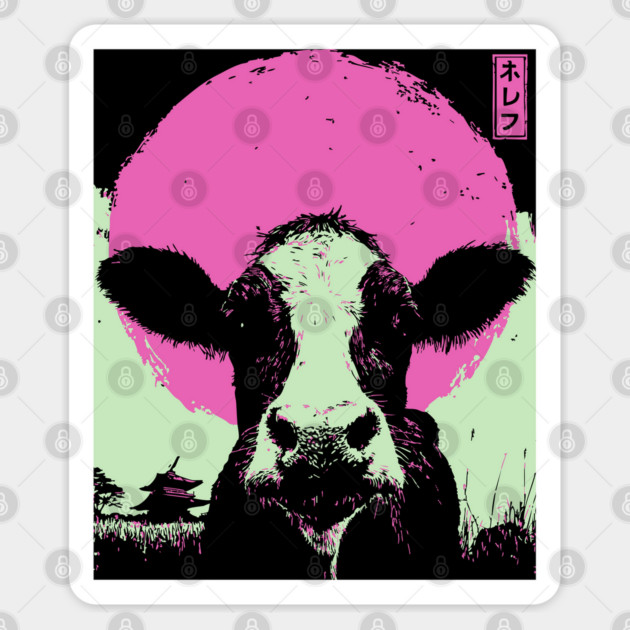 Cute Cow Calf Japanese Art | Pink & Green Farm Ukiyo-e Style Sticker by TuncGK