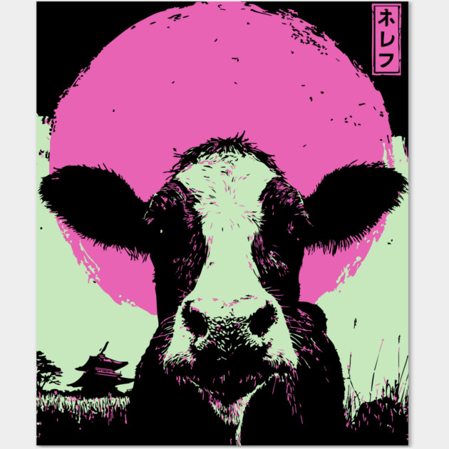 Cute Cow Calf Japanese Art | Pink & Green Farm Ukiyo-e Style Wall Art by TuncGK