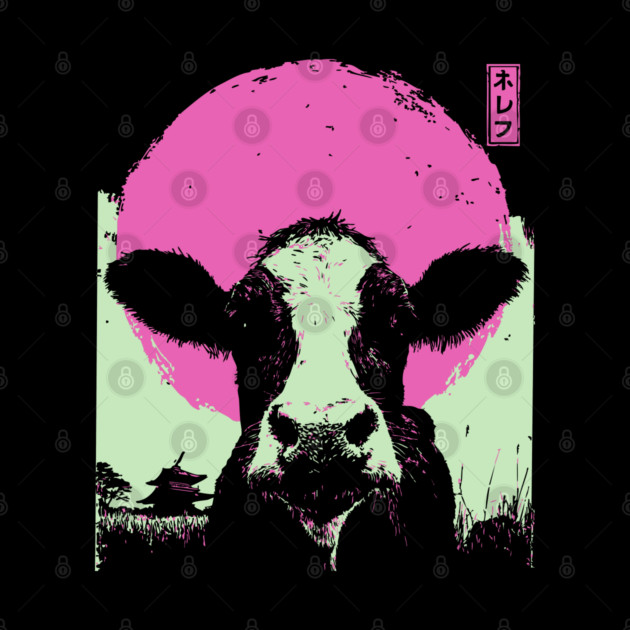 Cute Cow Calf Japanese Art | Pink & Green Farm Ukiyo-e Style by TuncGK