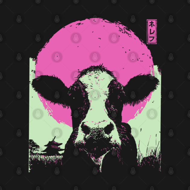 Cute Cow Calf Japanese Art | Pink & Green Farm Ukiyo-e Style by TuncGK