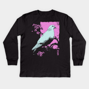 Peaceful Dove Japanese Art | Pink Branch Bird Ukiyo-e Style Kids Long Sleeve T-Shirt