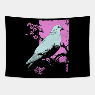 Peaceful Dove Japanese Art | Pink Branch Bird Ukiyo-e Style Tapestry