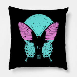 Beautiful Butterfly Japanese Art | Pink & Blue Wings Ukiyo-e Style Pillow