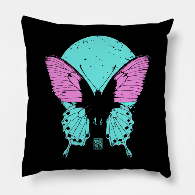Beautiful Butterfly Japanese Art | Pink & Blue Wings Ukiyo-e Style Pillow by TuncGK