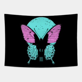 Beautiful Butterfly Japanese Art | Pink & Blue Wings Ukiyo-e Style Tapestry