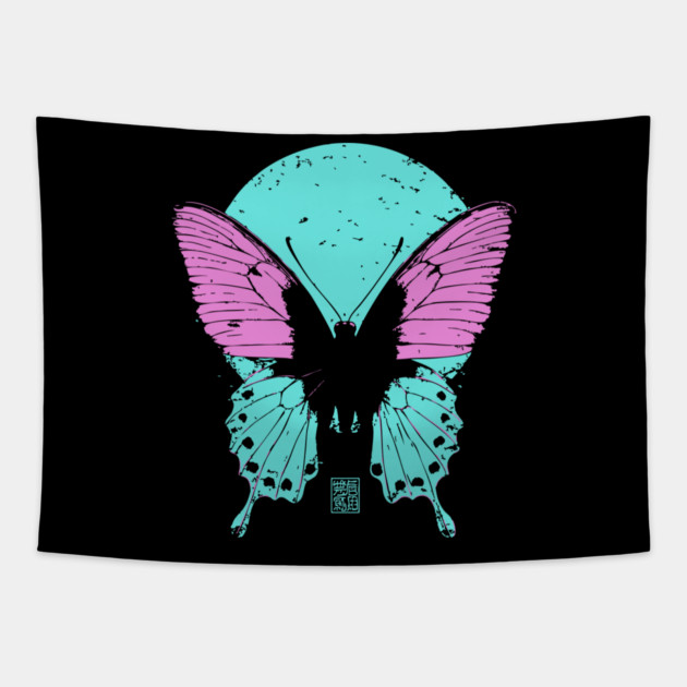 Beautiful Butterfly Japanese Art | Pink & Blue Wings Ukiyo-e Style Tapestry by TuncGK