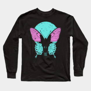 Beautiful Butterfly Japanese Art | Pink & Blue Wings Ukiyo-e Style Long Sleeve T-Shirt