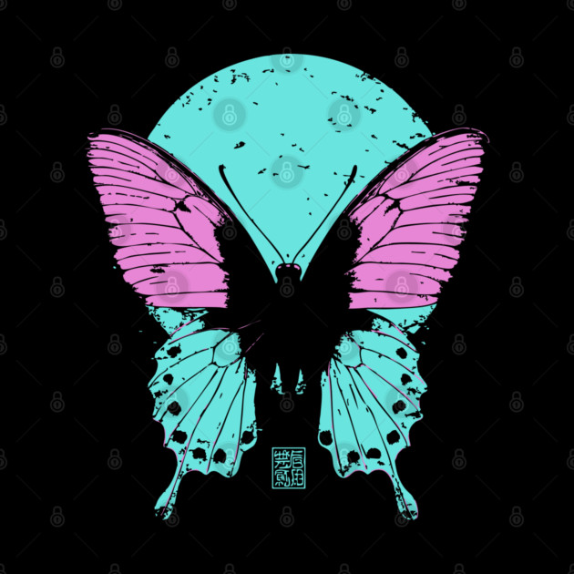 Beautiful Butterfly Japanese Art | Pink & Blue Wings Ukiyo-e Style by TuncGK