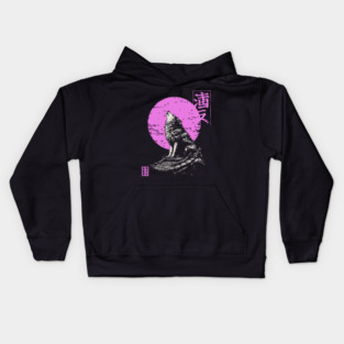 Howling Wolf Japanese Art | Pink Moon Ukiyo-e Style Kids Hoodie