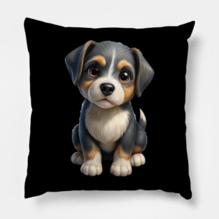 Adorable Cute Puppy Dog Illustration - Kawaii Tricolor Pup T-Shirt Design Pillow