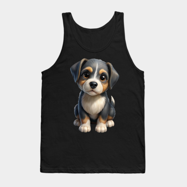 Adorable Cute Puppy Dog Illustration - Kawaii Tricolor Pup T-Shirt Design Tank Top by IamActiveDog
