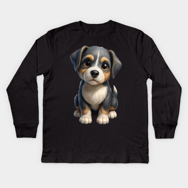 Adorable Cute Puppy Dog Illustration - Kawaii Tricolor Pup T-Shirt Design Kids Long Sleeve T-Shirt by IamActiveDog