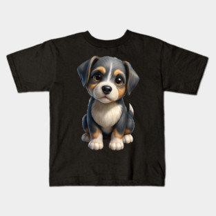 Adorable Cute Puppy Dog Illustration - Kawaii Tricolor Pup T-Shirt Design Kids T-Shirt