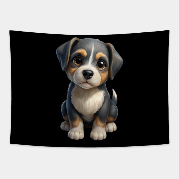 Adorable Cute Puppy Dog Illustration - Kawaii Tricolor Pup T-Shirt Design Tapestry by IamActiveDog