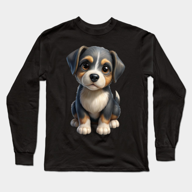 Adorable Cute Puppy Dog Illustration - Kawaii Tricolor Pup T-Shirt Design Long Sleeve T-Shirt by IamActiveDog