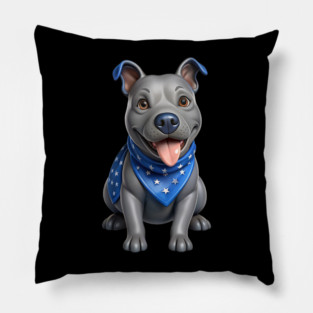 Realistic Pitbull Dog with Blue Bandana – Cute Dog Illustration for Pet Lovers Pillow