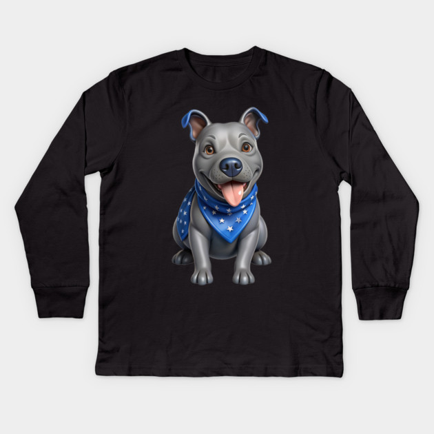 Realistic Pitbull Dog with Blue Bandana – Cute Dog Illustration for Pet Lovers Kids Long Sleeve T-Shirt by IamActiveDog