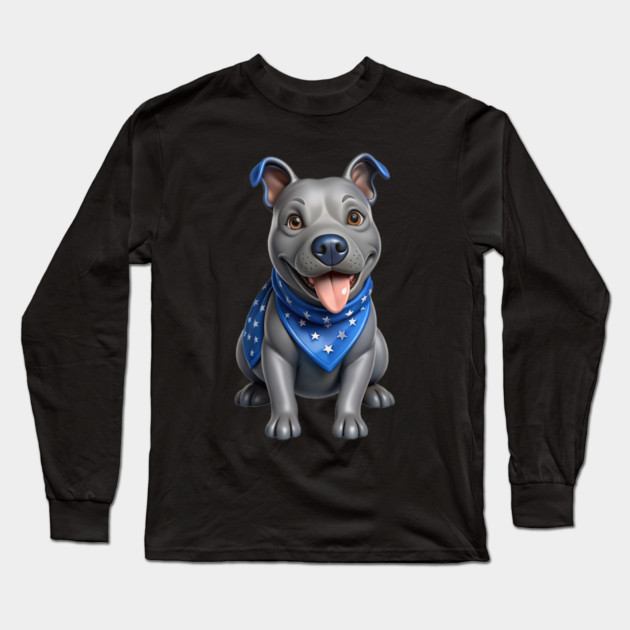 Realistic Pitbull Dog with Blue Bandana – Cute Dog Illustration for Pet Lovers Long Sleeve T-Shirt by IamActiveDog