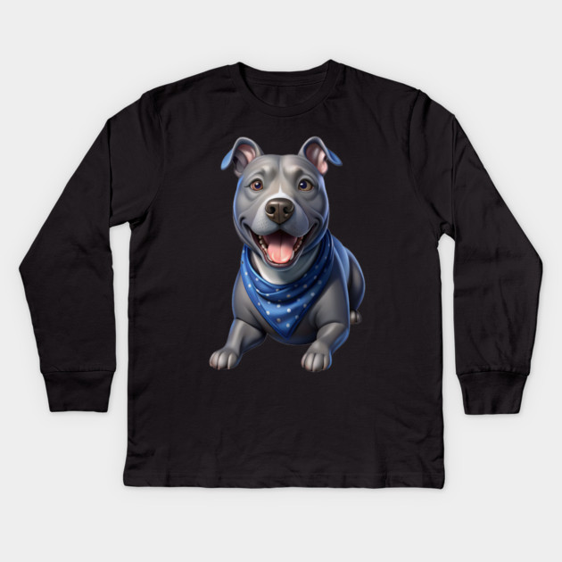 Cute Realistic Pitbull with Blue Bandana – Dog Lover Gift & Pet Art Design Kids Long Sleeve T-Shirt by IamActiveDog