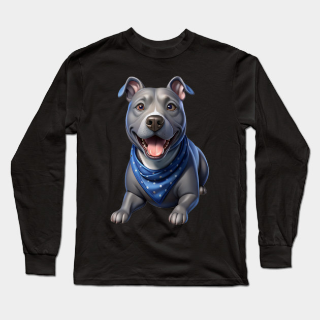 Cute Realistic Pitbull with Blue Bandana – Dog Lover Gift & Pet Art Design Long Sleeve T-Shirt by IamActiveDog