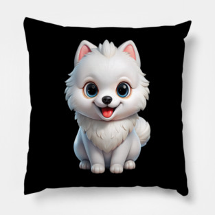 Fluffy White Pomeranian Puppy Cartoon Design Pillow