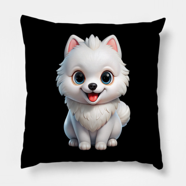 Fluffy White Pomeranian Puppy Cartoon Design Pillow by IamActiveDog