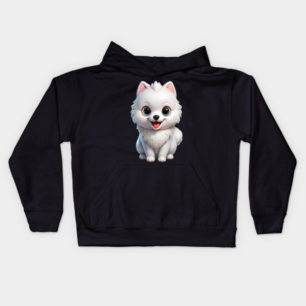 Fluffy White Pomeranian Puppy Cartoon Design Kids Hoodie by IamActiveDog