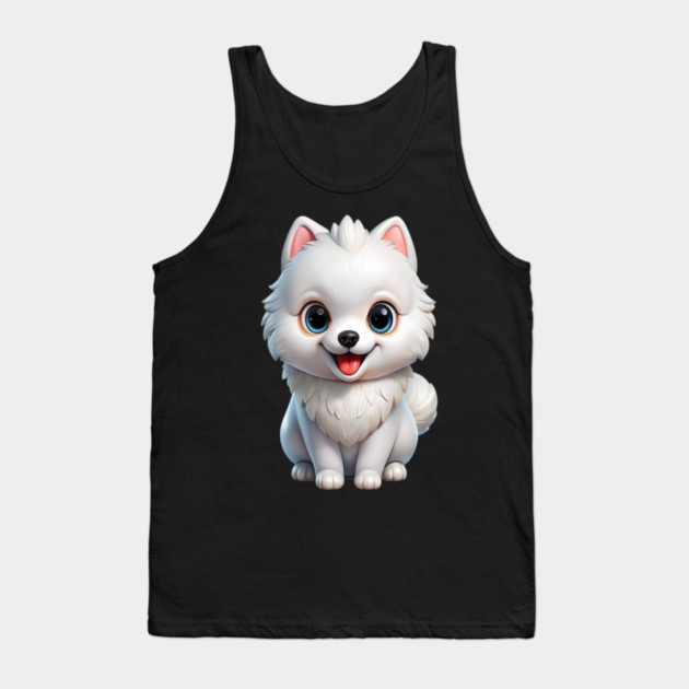 Fluffy White Pomeranian Puppy Cartoon Design Tank Top by IamActiveDog