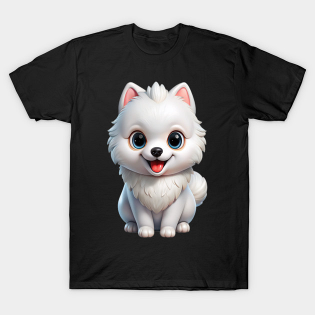 Fluffy White Pomeranian Puppy Cartoon Design T-Shirt by IamActiveDog