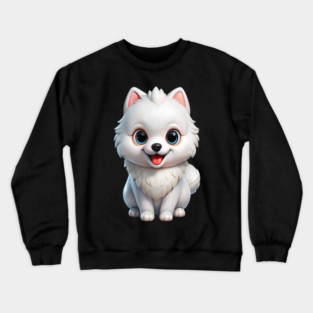 Fluffy White Pomeranian Puppy Cartoon Design Crewneck Sweatshirt