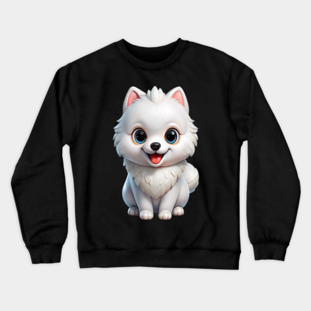 Fluffy White Pomeranian Puppy Cartoon Design Crewneck Sweatshirt by IamActiveDog