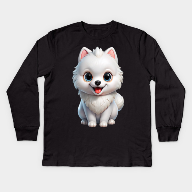 Fluffy White Pomeranian Puppy Cartoon Design Kids Long Sleeve T-Shirt by IamActiveDog