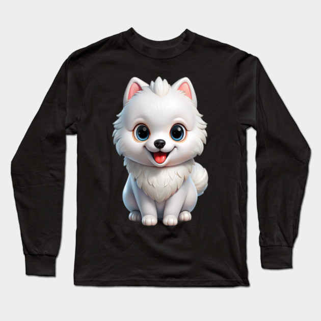 Fluffy White Pomeranian Puppy Cartoon Design Long Sleeve T-Shirt by IamActiveDog