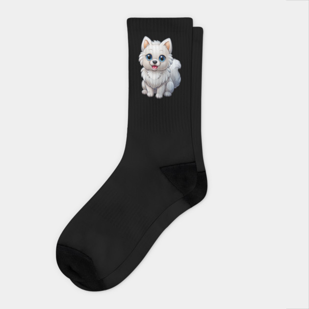 Cute Kawaii White Pomeranian Puppy Artwork Socks by IamActiveDog