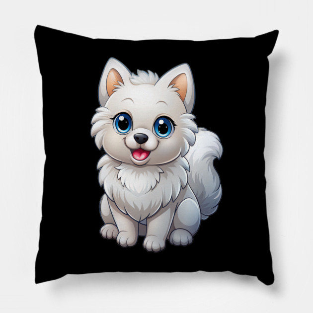 Cute Kawaii White Pomeranian Puppy Artwork Pillow by IamActiveDog