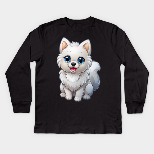 Cute Kawaii White Pomeranian Puppy Artwork Kids Long Sleeve T-Shirt by IamActiveDog