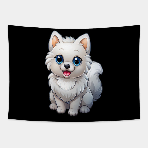 Cute Kawaii White Pomeranian Puppy Artwork Tapestry by IamActiveDog